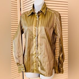 Silk striped shirt gold tones tailored lines long back vent button front yoked